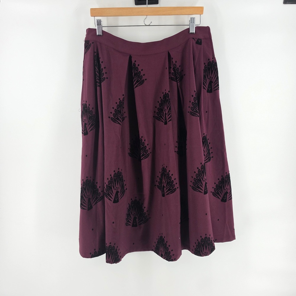 ModCloth Burgundy Flocked Peacock Skirt XL A-Line Midi Retro Twee Witchy Indie